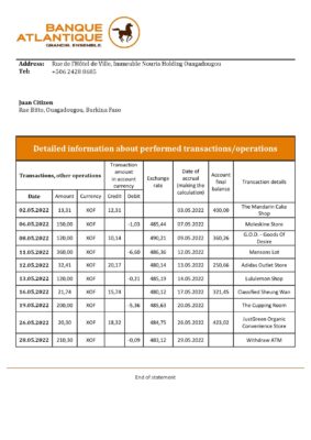 Burkina Faso Banque Atlantique bank statement template in Word and PDF format