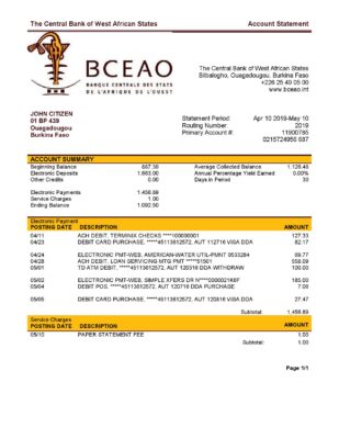 Burkina Faso The Central Bank of West African States bank statement easy to fill template in Excel and PDF format