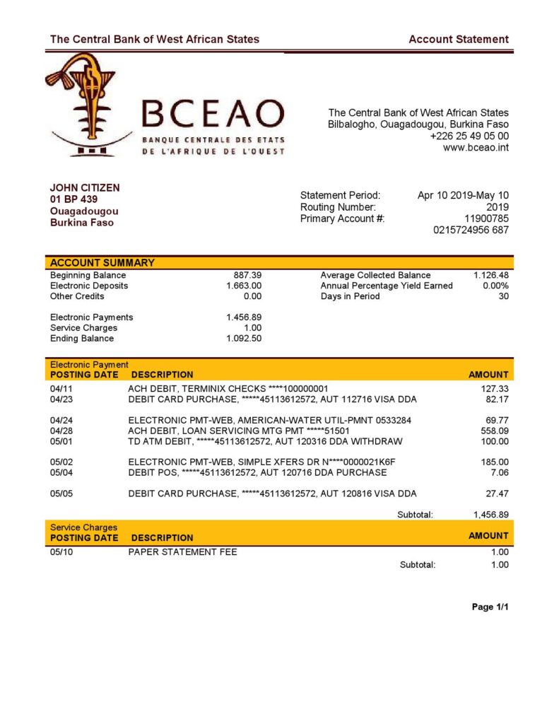 Burkina Faso The Central Bank of West African States bank statement easy to fill template in Excel and PDF format