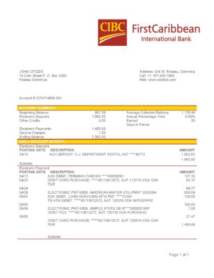 Dominica CIBC First Caribbean International Bank proof of address statement template in Word and PDF format