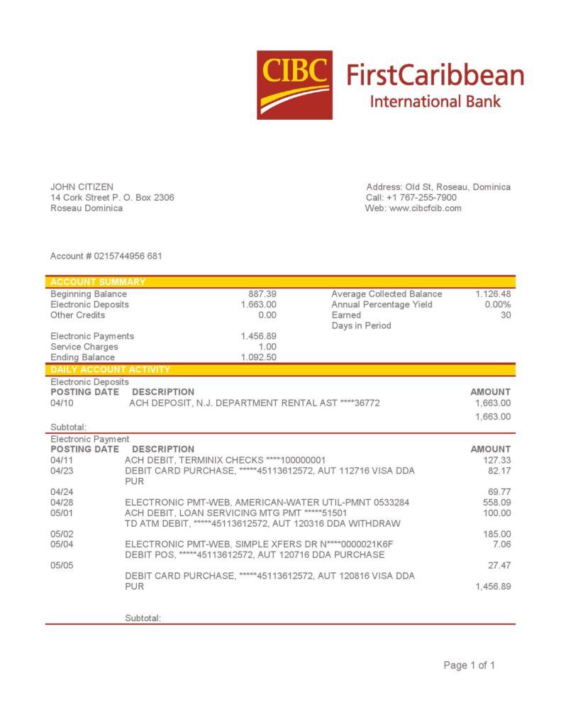 Dominica CIBC First Caribbean International Bank proof of address statement template in Word and PDF format