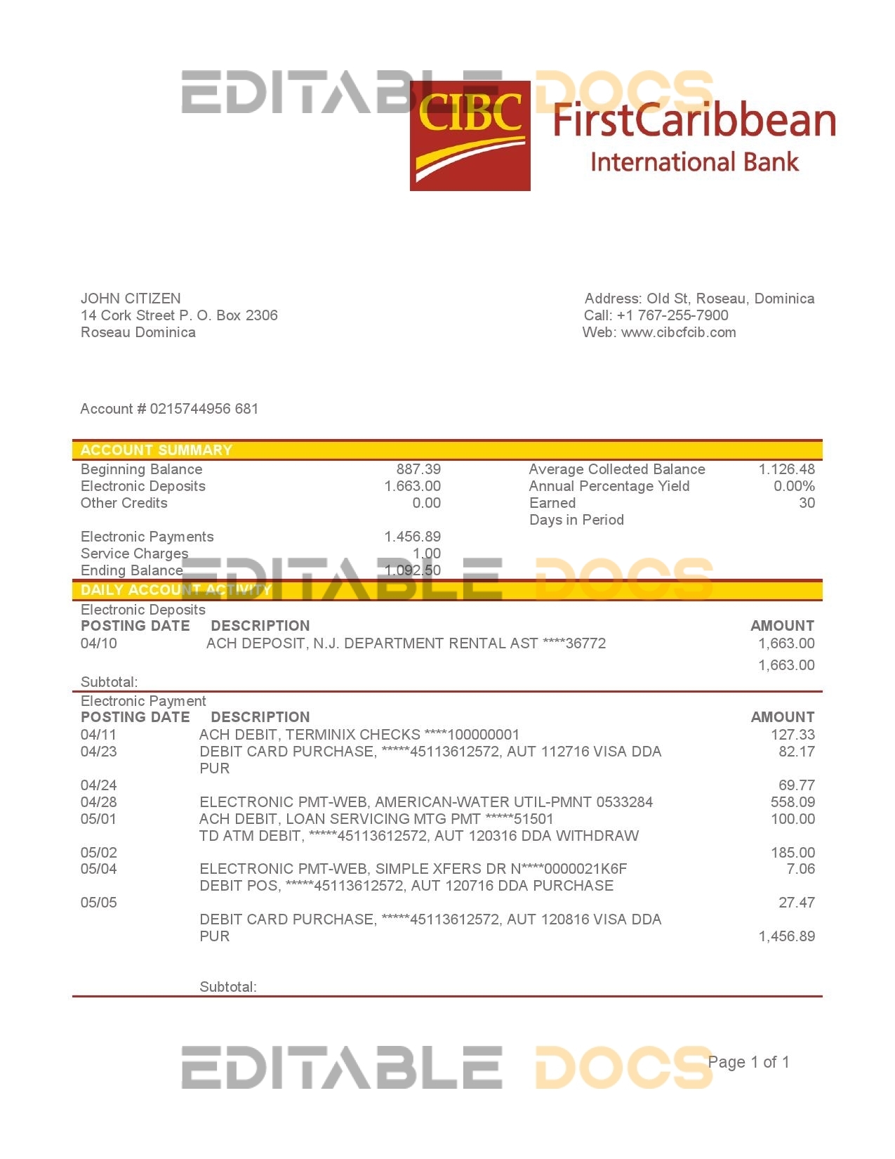 Dominica CIBC First Caribbean International Bank proof of address statement template in Word and PDF format