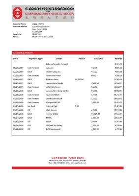 Cambodia Cambodian Public Bank statement template in Word and PDF format