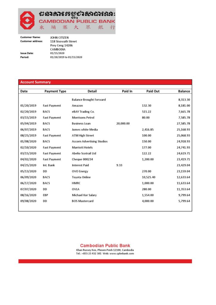 Cambodia Cambodian Public Bank statement template in Word and PDF format