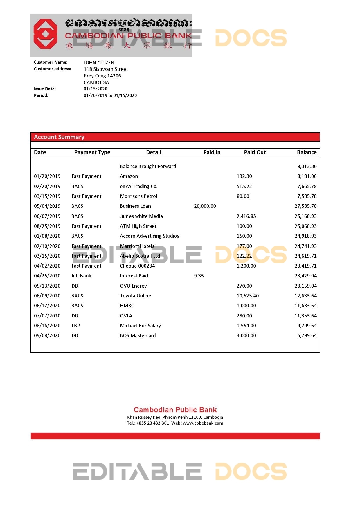 Cambodia Cambodian Public Bank statement template in Word and PDF format