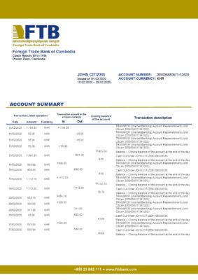 Cambodia Foreign Trade Bank of Cambodia bank statement easy to fill template in Excel and PDF format