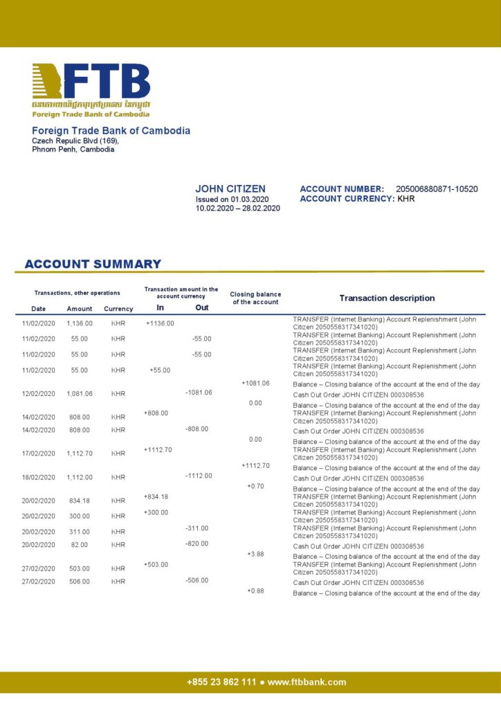 Cambodia Foreign Trade Bank of Cambodia bank statement easy to fill template in Excel and PDF format