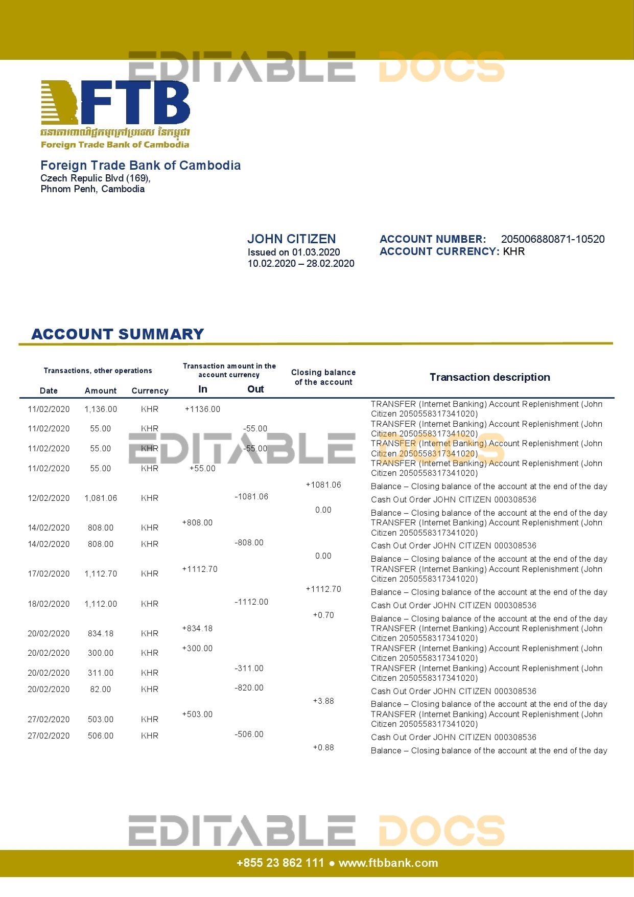 Cambodia Foreign Trade Bank of Cambodia bank statement template in Word and PDF format