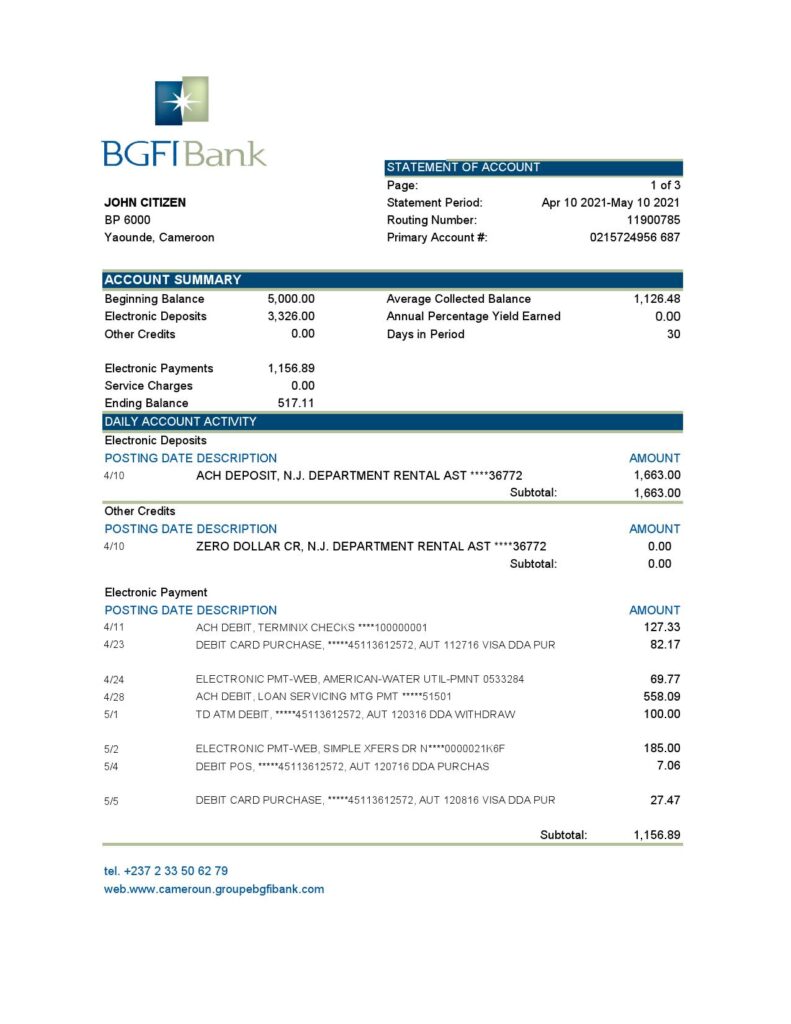 Cameroon BGFI bank statement easy to fill template in Excel and PDF format