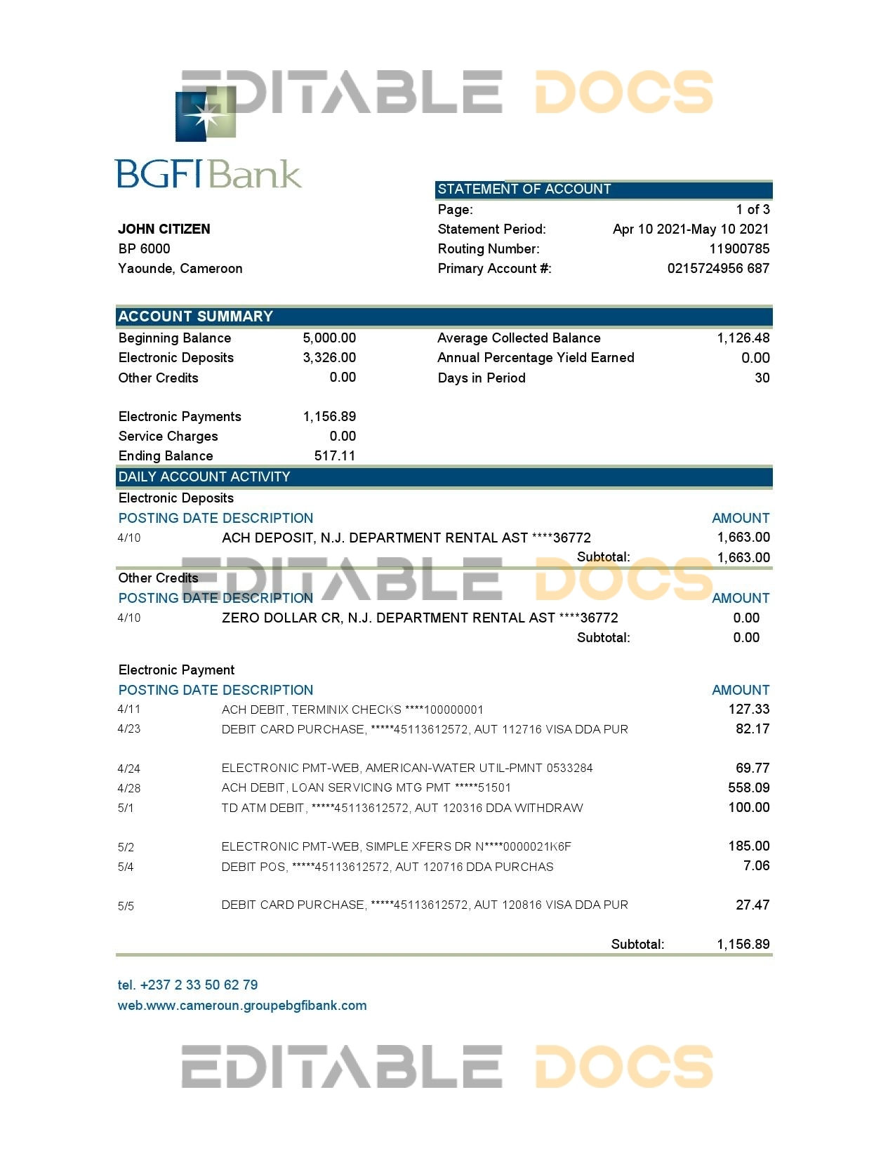 Cameroon BGFI bank statement easy to fill template in Excel and PDF format