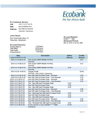 Cameroon Ecobank bank statement easy to fill template in .xls and .pdf file format