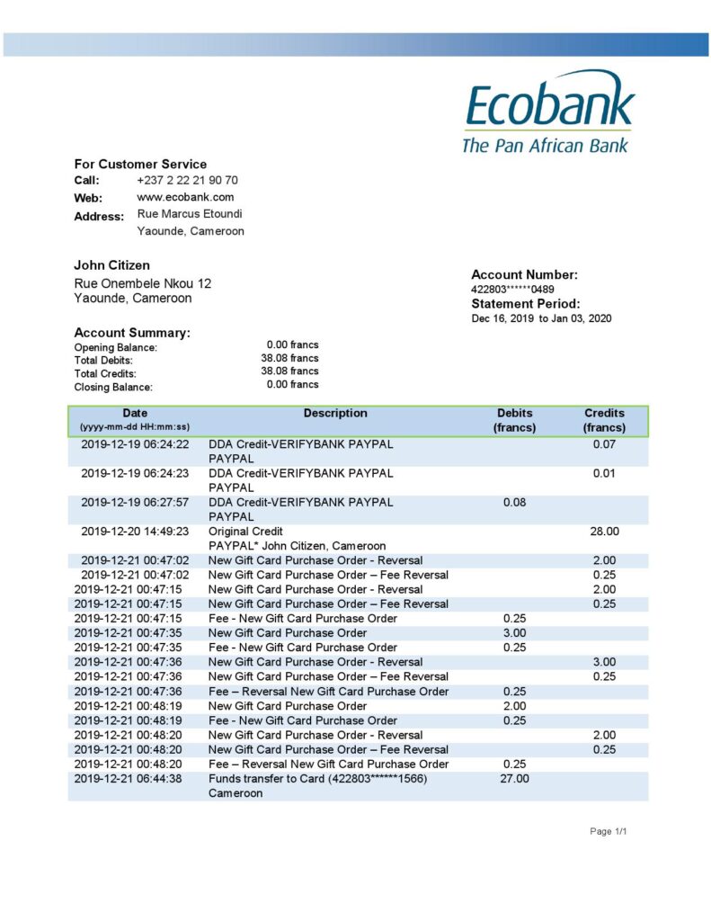 Cameroon Ecobank bank statement easy to fill template in .xls and .pdf file format