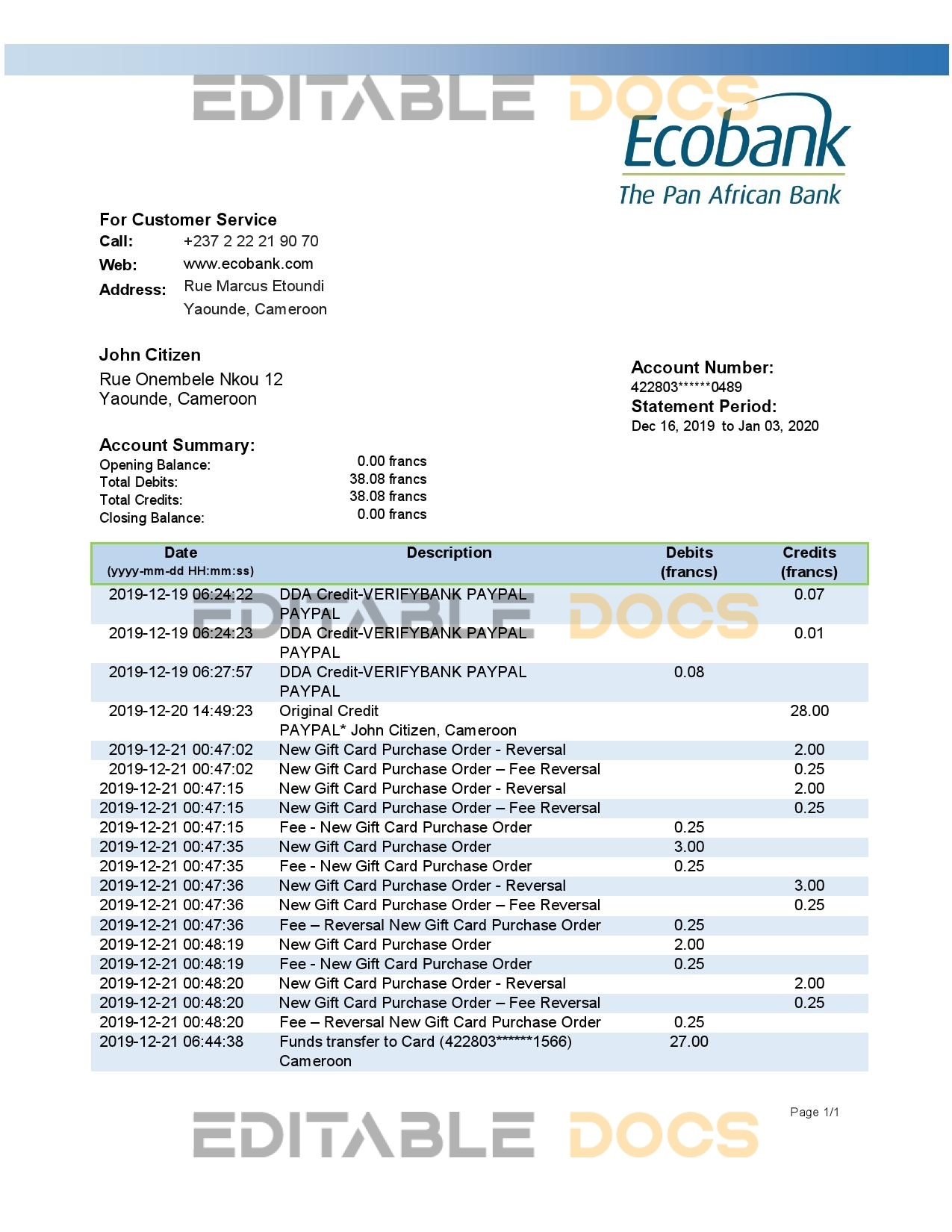 Cameroon Ecobank statement template in Word and PDF format