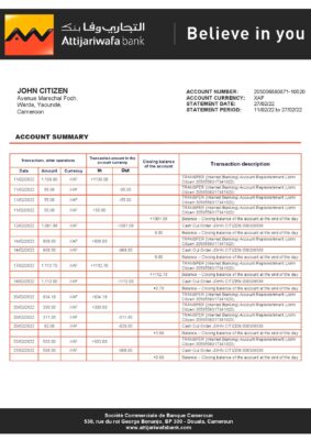 Cameroon SCB bank statement template in Word and PDF format