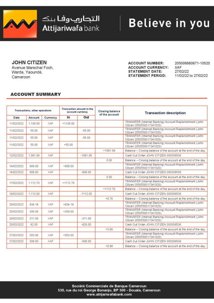 Cameroon SCB bank statement template in Word and PDF format