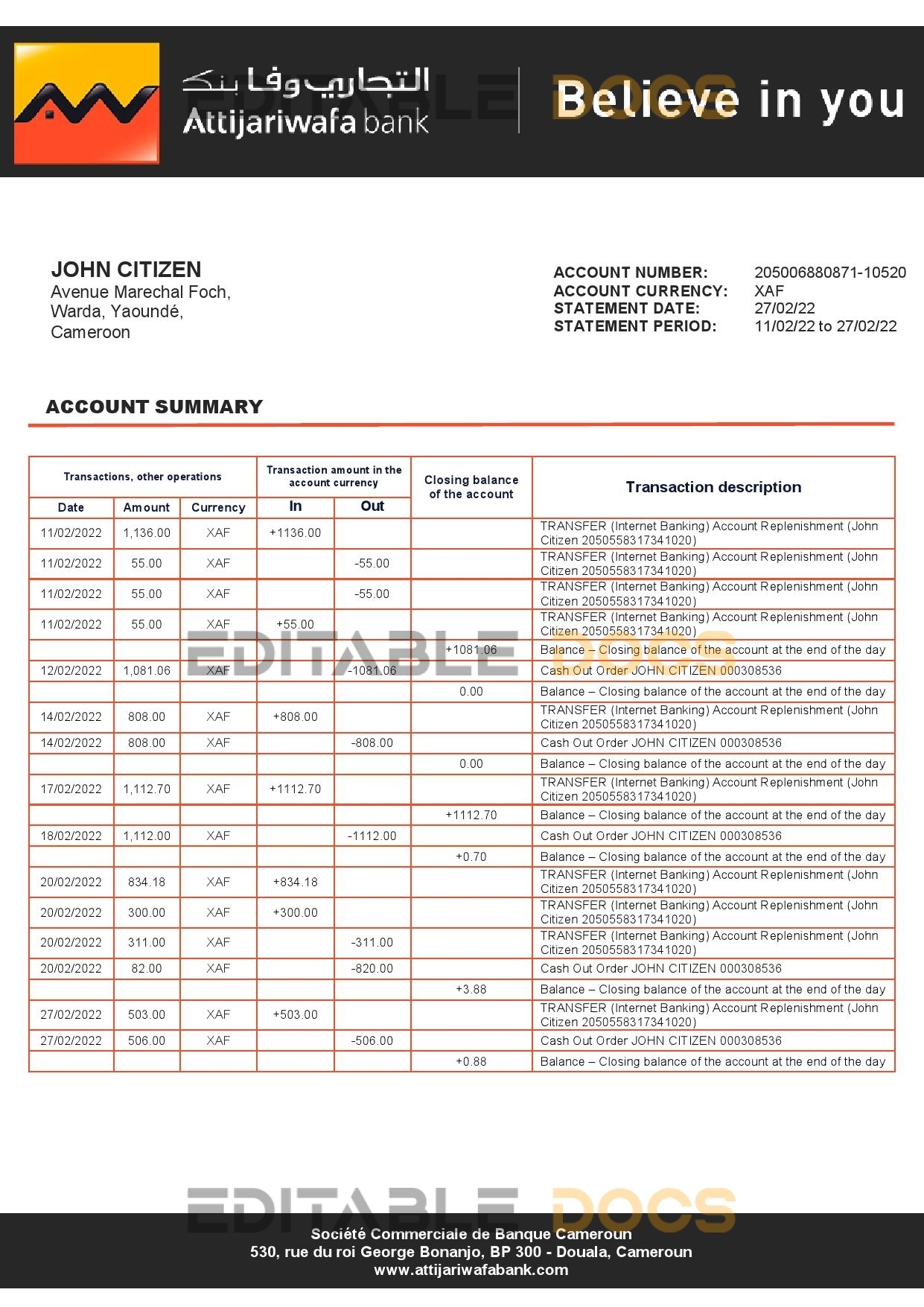 Cameroon SCB bank statement template in Word and PDF format