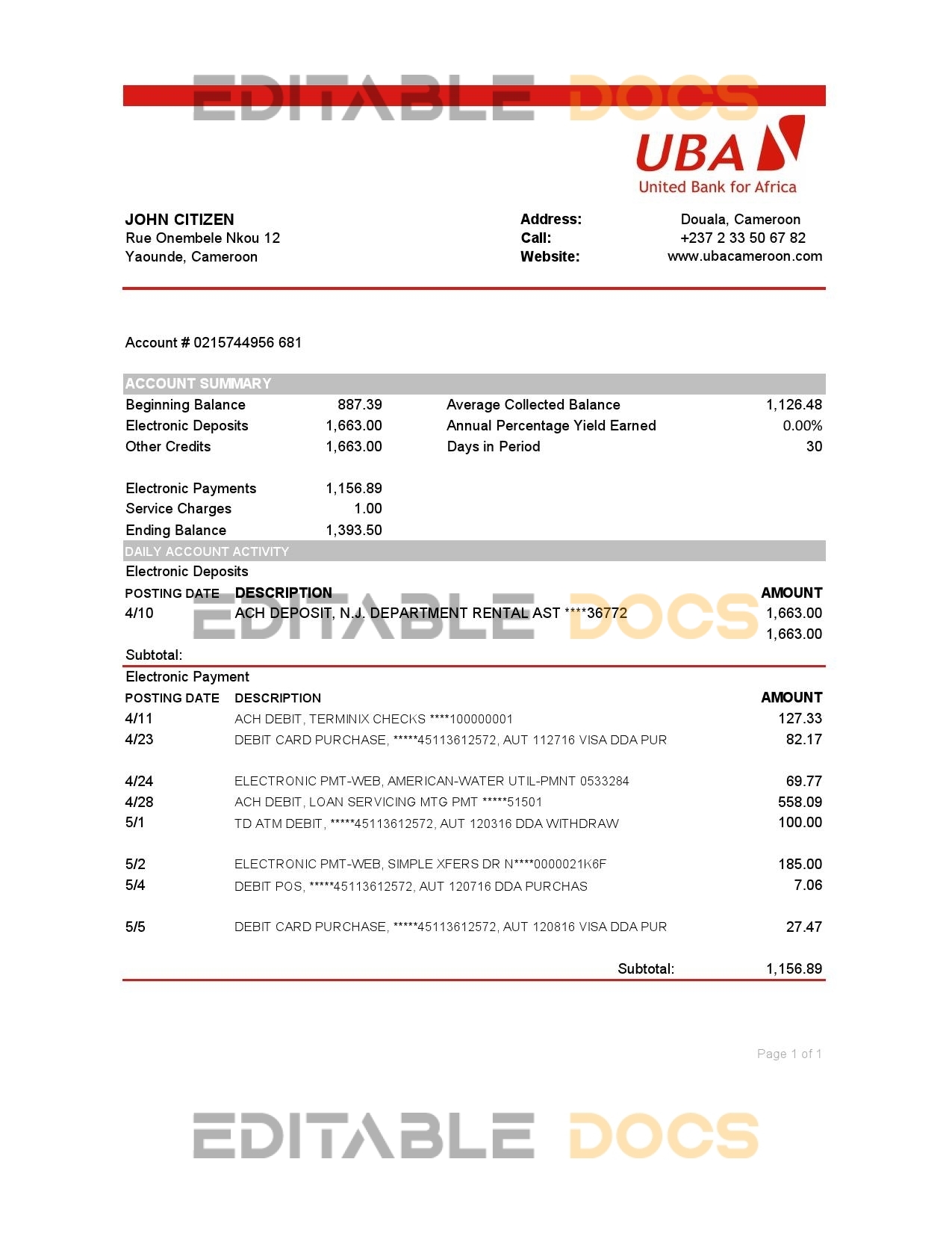 Cameroon UBA bank statement easy to fill template in Excel and PDF format