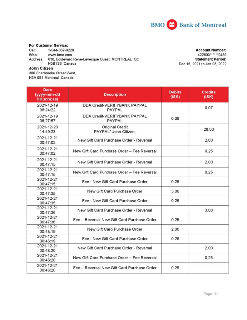 Canada Bank of Montreal bank statement template in Word and PDF format (.doc and .pdf)
