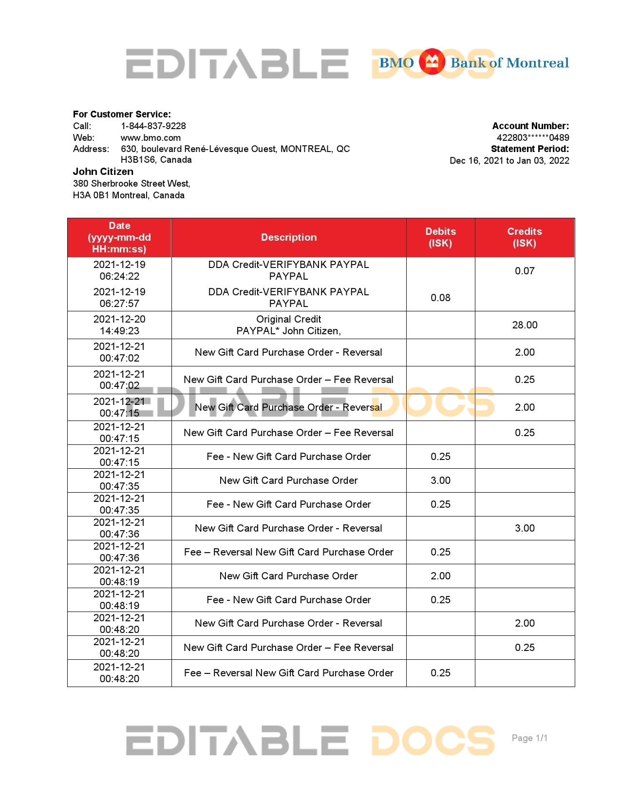 Canada Bank of Montreal bank statement template in Word and PDF format (.doc and .pdf)