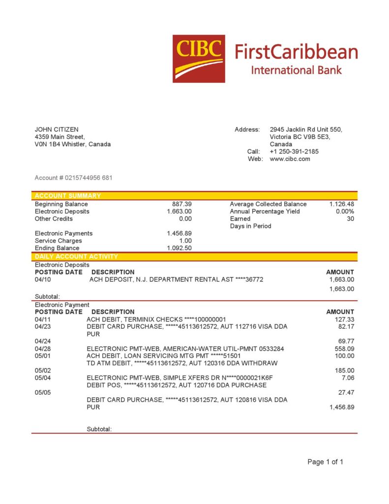Canada CIBC Bank statement template in Excel and PDF format (AutoSum)