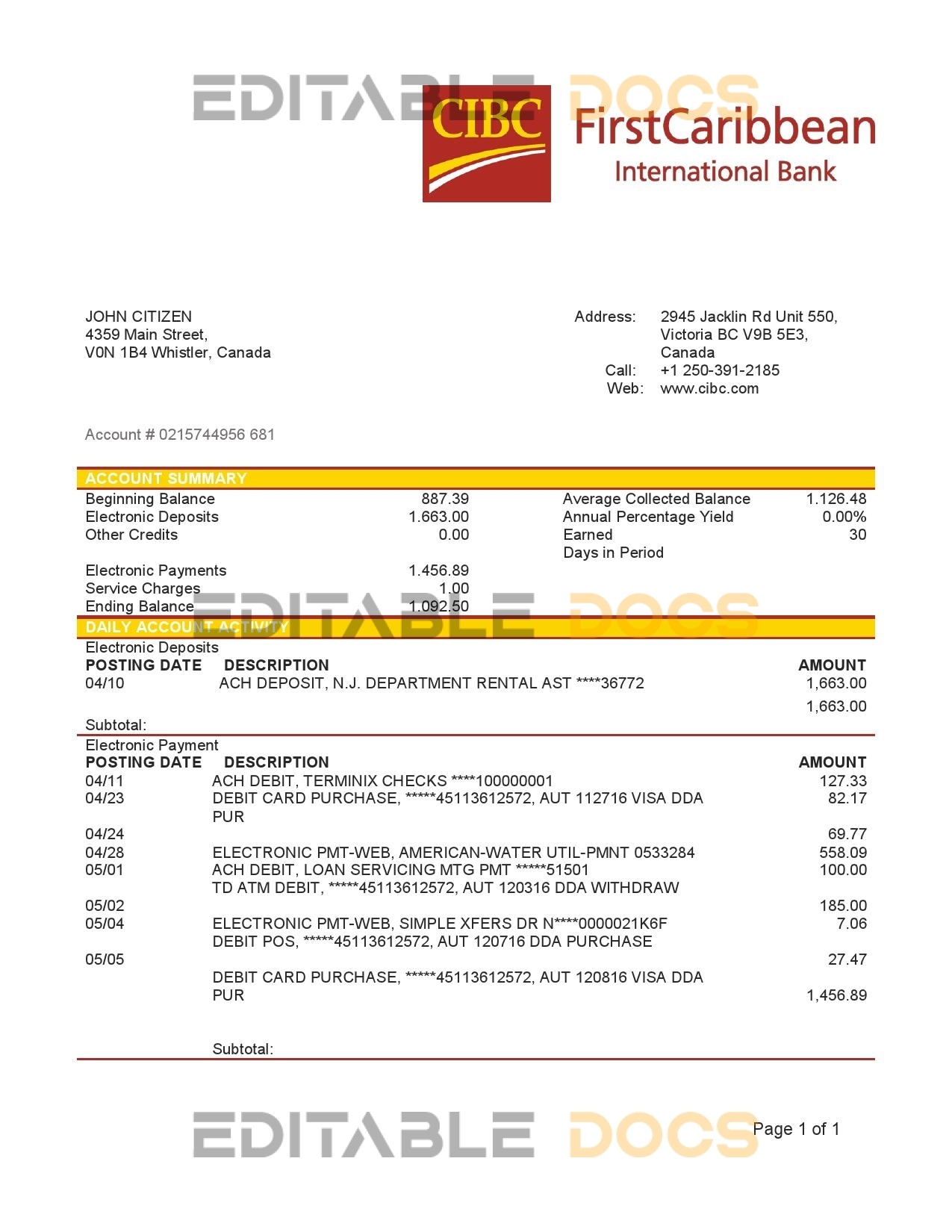 Canada CIBC Bank statement template in Excel and PDF format (AutoSum)