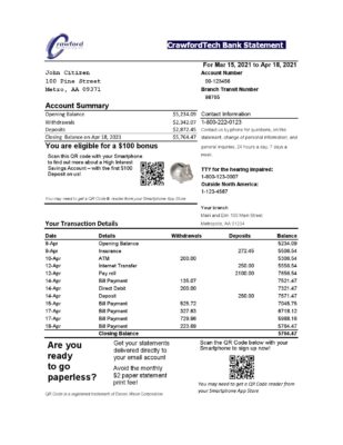 Canada CrawfordTech bank statement easy to fill template in Excel and PDF format
