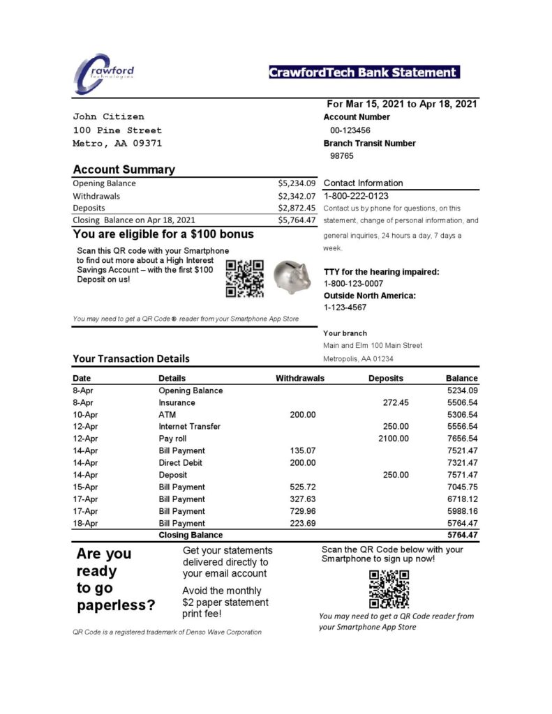 Canada CrawfordTech bank proof of address statement template in Word and PDF format (.doc and .pdf)