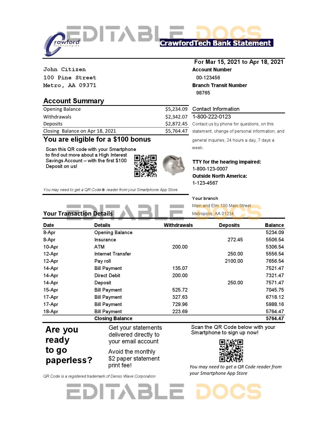 Canada CrawfordTech bank proof of address statement template in Word and PDF format (.doc and .pdf)