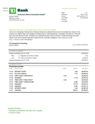 Canada TD Bank proof of address statement template in Word and PDF format (.doc and .pdf)