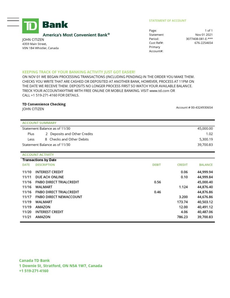Canada TD Bank proof of address statement template in Word and PDF format (.doc and .pdf)