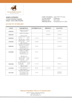 Central African Republic Banque Populaire Maroco Centrafricaine bank statement template in Word and PDF format