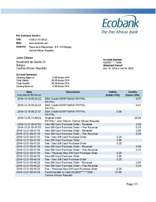 Central African Republic Ecobank bank statement easy to fill template in .xls and .pdf file format (AutoSum)