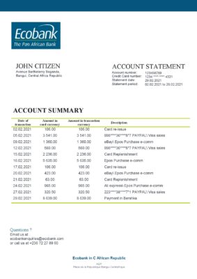 Central African Republic Ecobank bank statement template in Word and PDF format