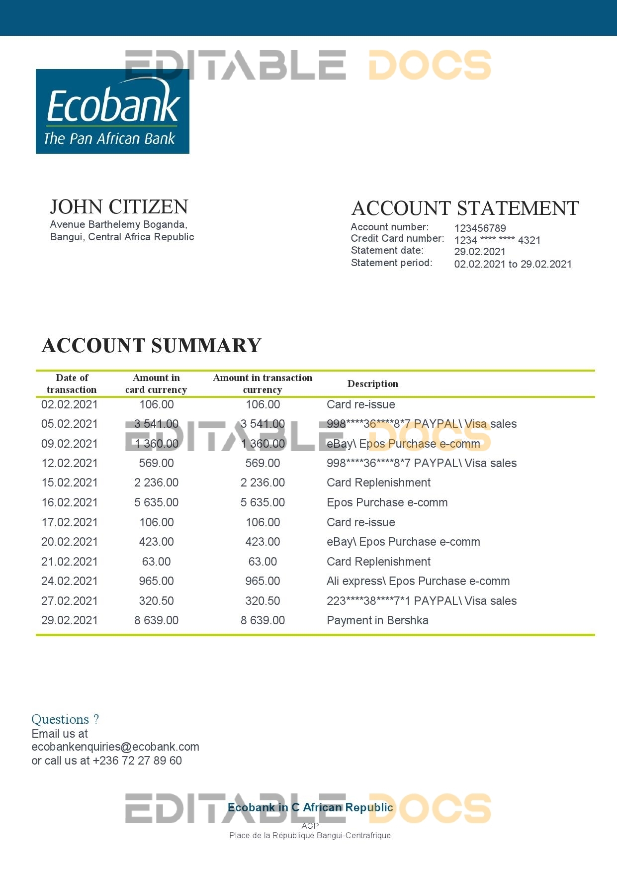 Central African Republic Ecobank bank statement template in Word and PDF format