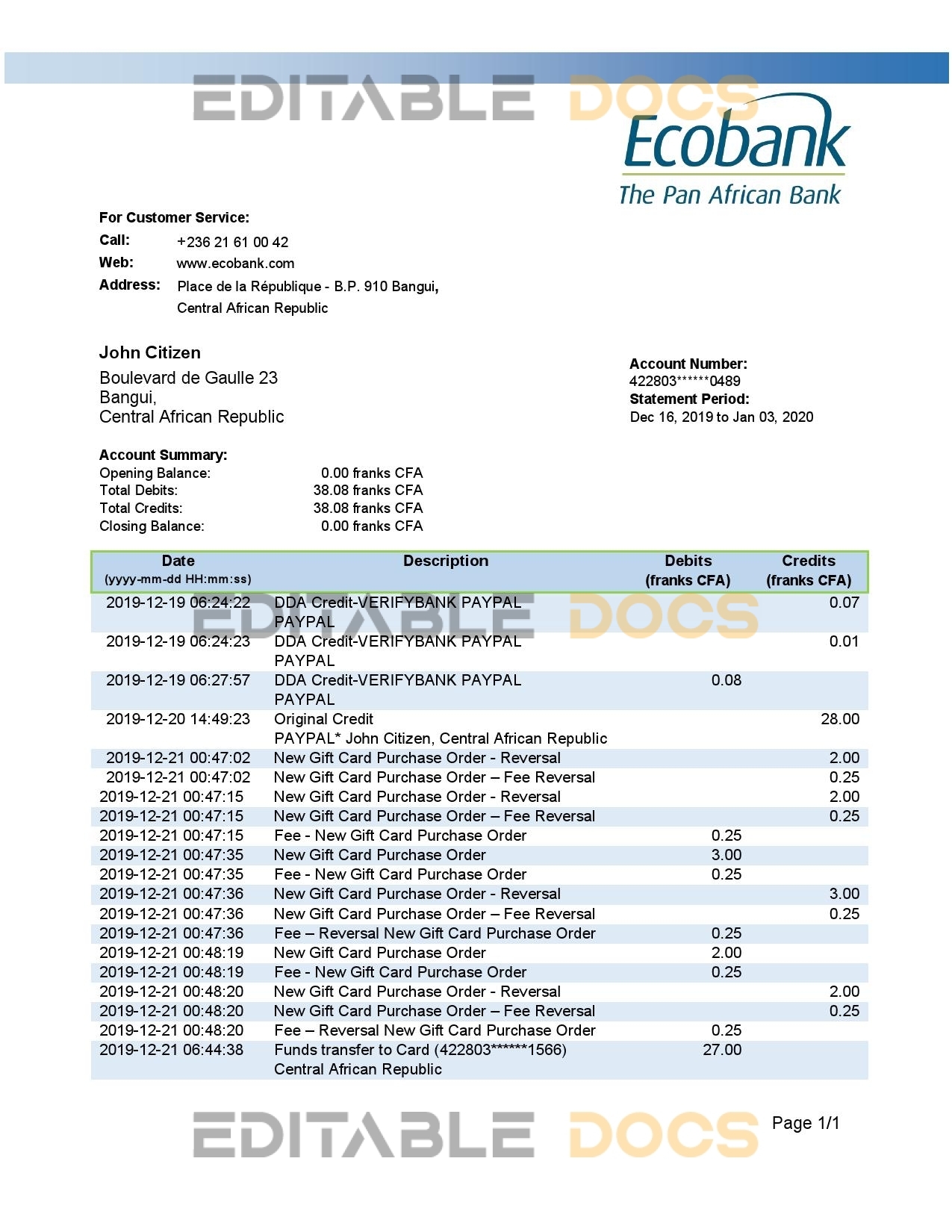 Central African Republic Ecobank bank statement easy to fill template in .xls and .pdf file format (AutoSum)