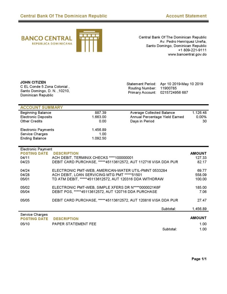 Dominican Republic Central Bank Of The Dominican Republic bank statement template in Excel and PDF format