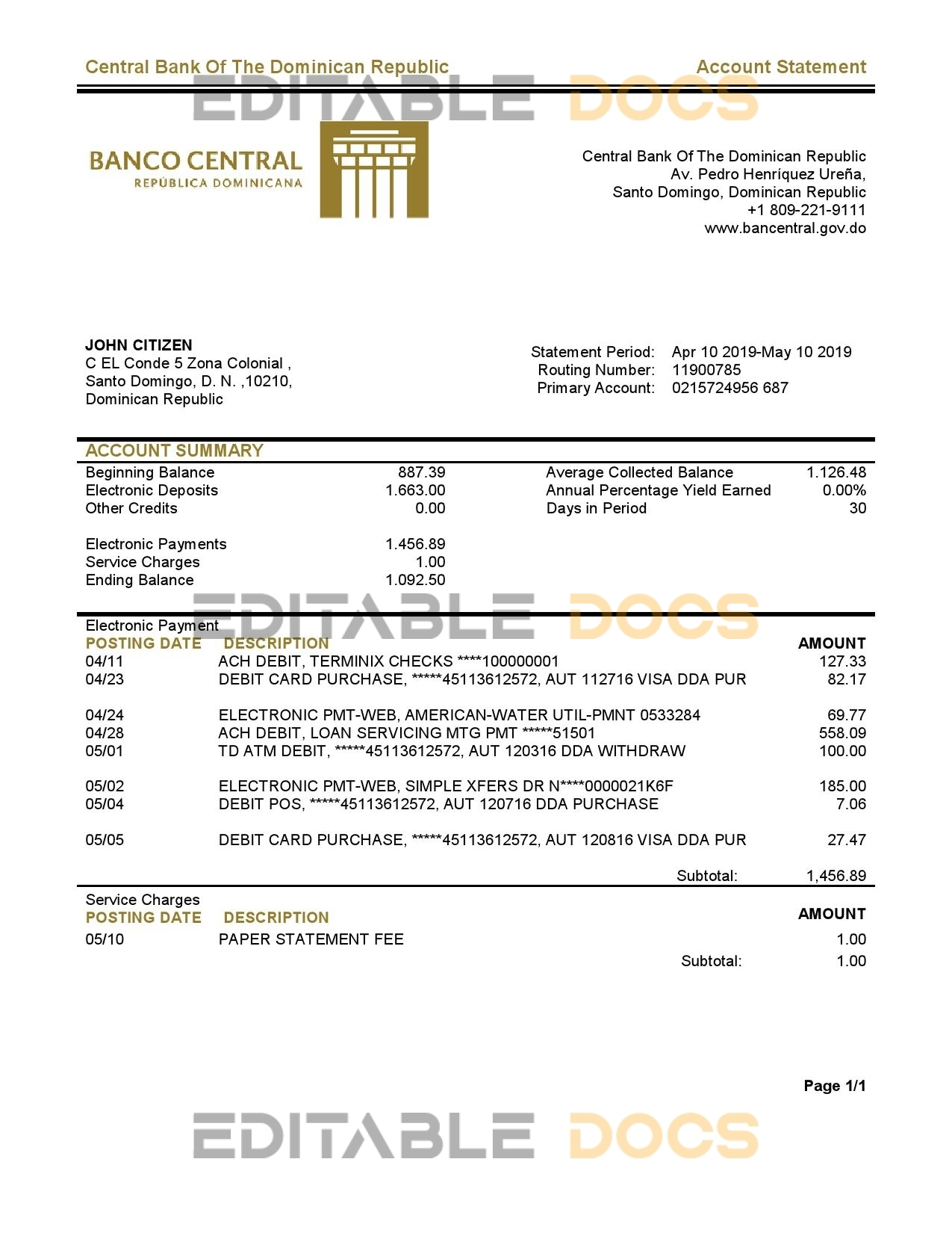 Dominican Republic Central Bank Of The Dominican Republic bank statement template in Excel and PDF format