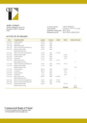 Chad Commercial Bank of Tchad bank statement template in Word and PDF format