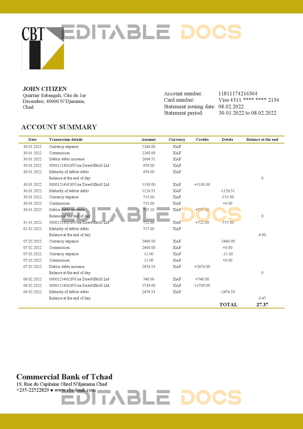 Chad Commercial Bank of Tchad bank statement template in Word and PDF format