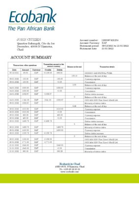 Chad Ecobank bank statement template in Word and PDF format