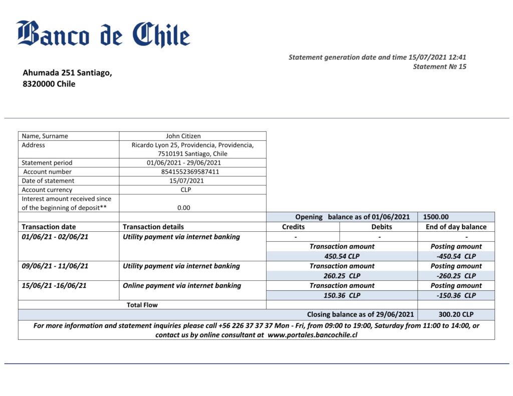 Chile Banco de Chile bank statement template in Word and PDF format