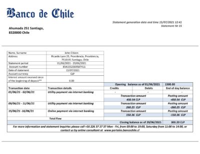 Chile Banco de Chile bank statement template in Word and PDF format