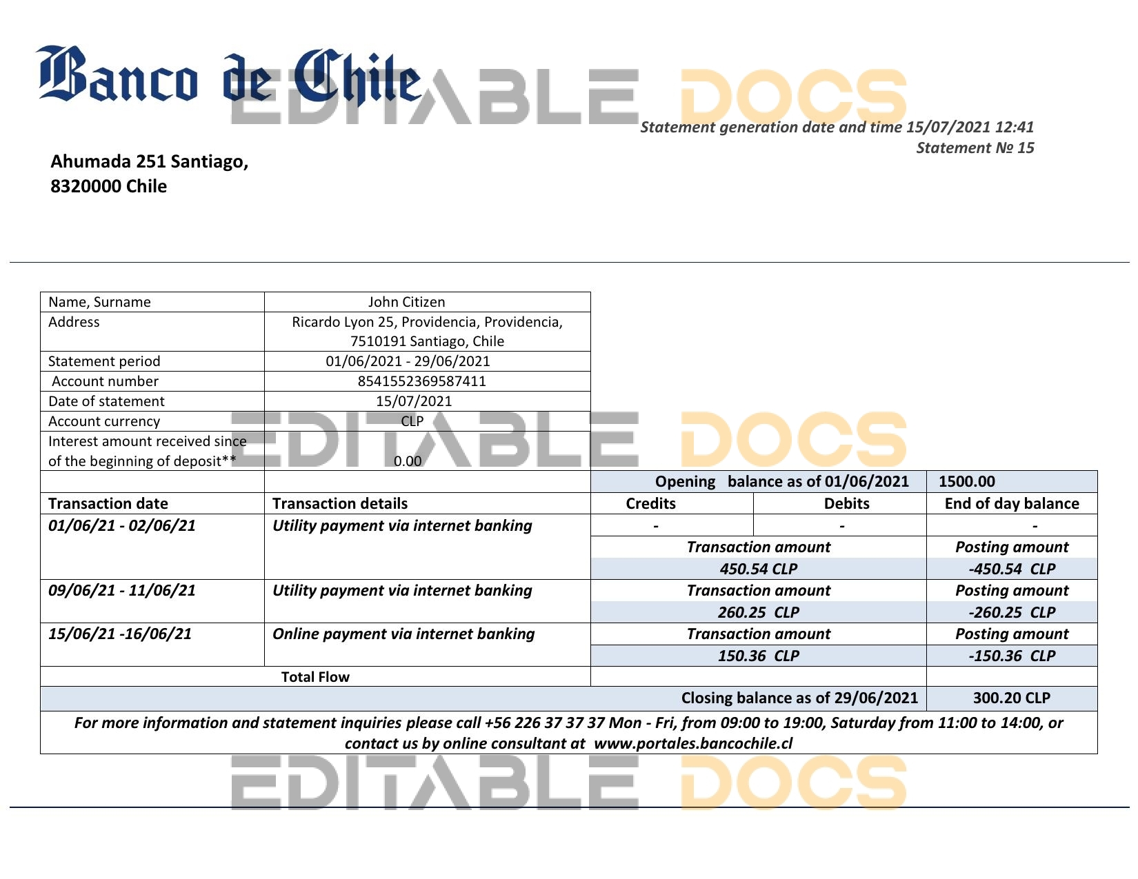 Chile Banco de Chile bank statement template in Word and PDF format