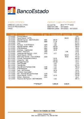 Chile Banco del Estado de Chile bank statement easy to fill template in .xls and .pdf file format