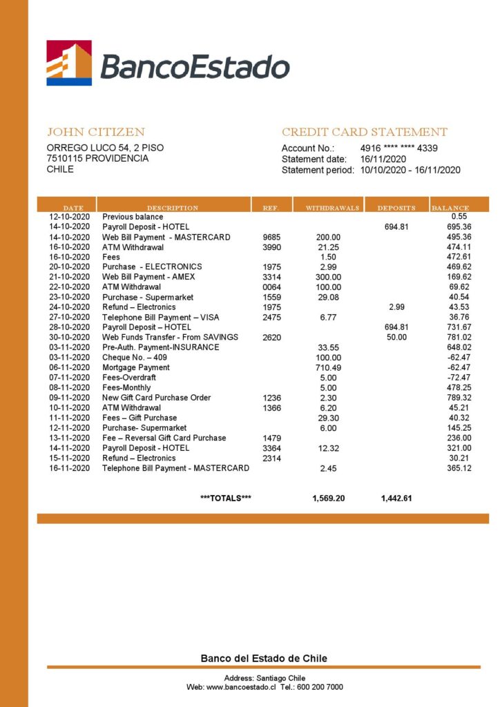 Chile Banco del Estado de Chile bank statement template in Word and PDF format