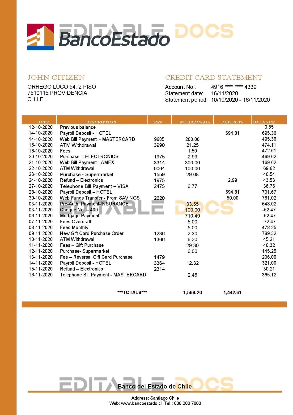 Chile Banco del Estado de Chile bank statement template in Word and PDF format