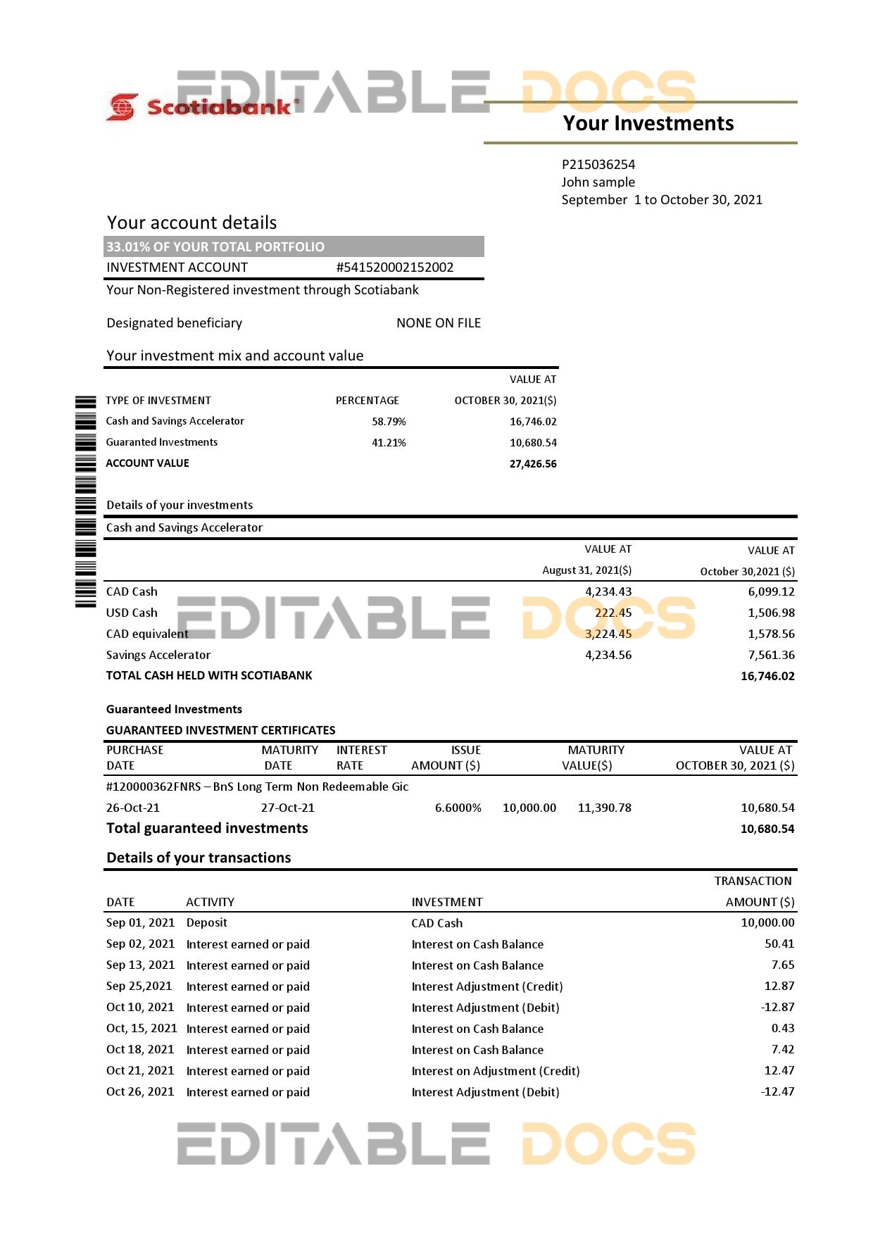 Chile Scotiabank bank statement easy to fill template in Excel and PDF format