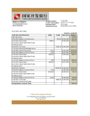 China Development Bank statement template in .xls and .pdf file format