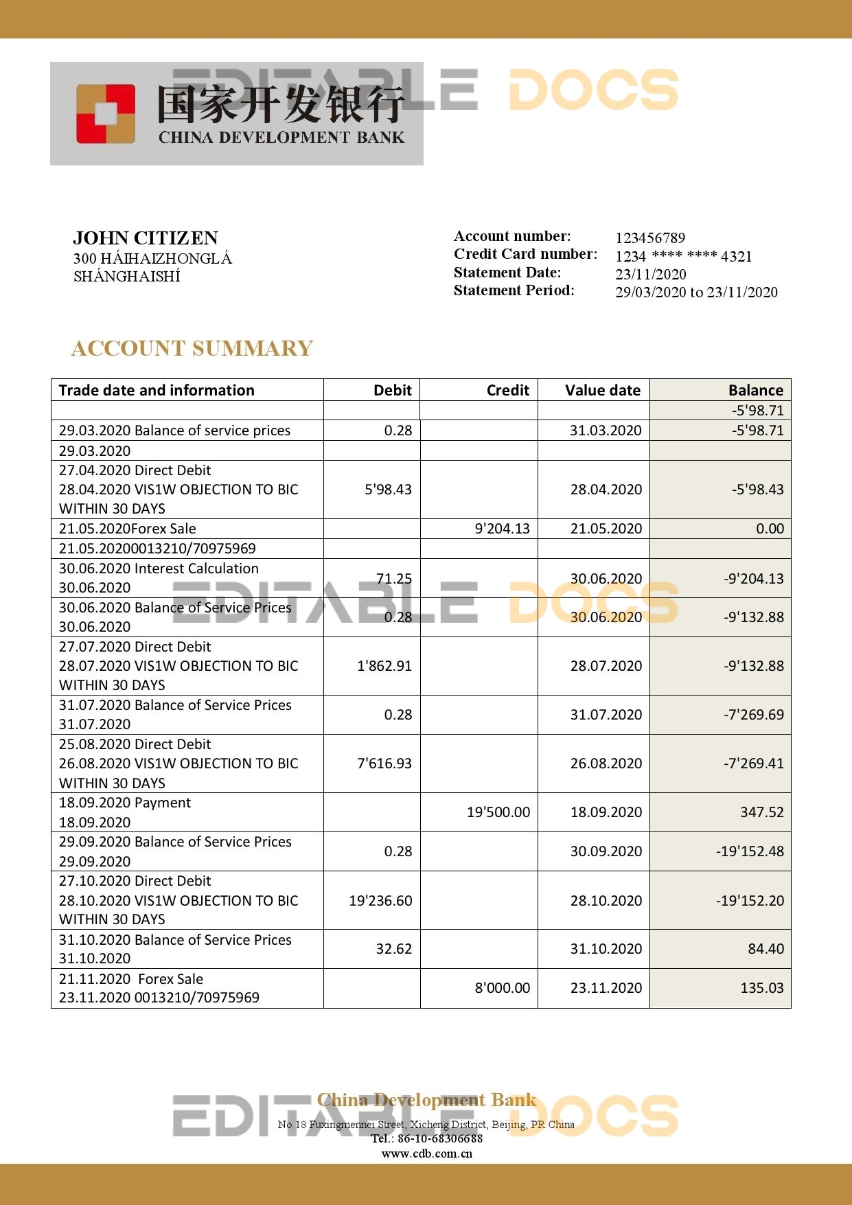 China Development bank statement template in Word and PDF format
