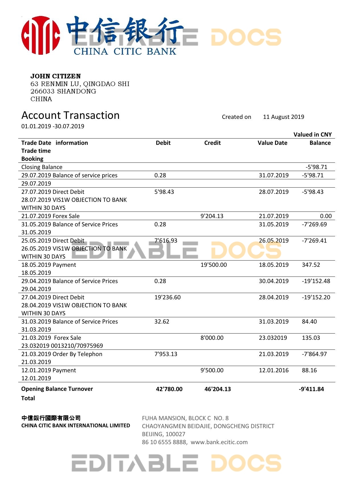 China Citic Bank Corp bank statement template in Word and PDF format